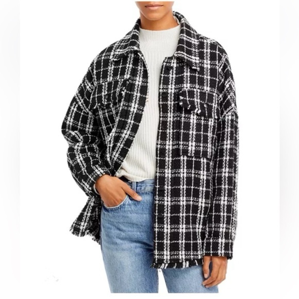 NATIVE DAUGHTERS Black‎ Plaid Oversized Frayed Shirt Jacket Shacket Size Small